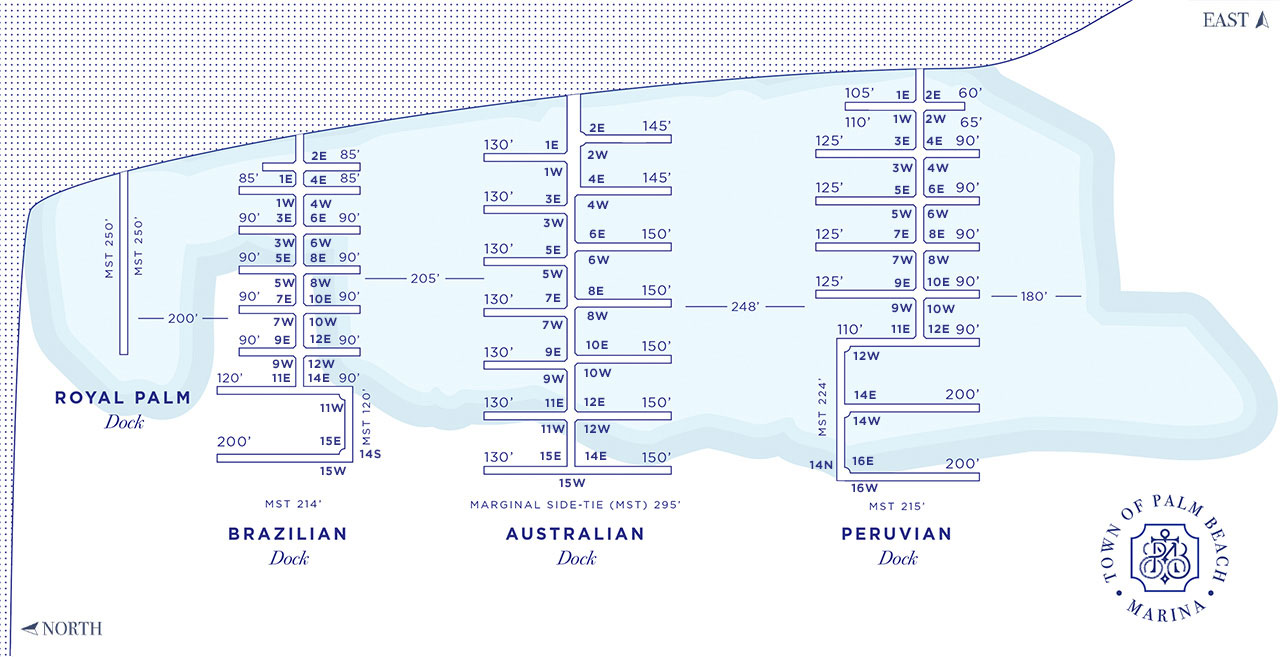 Detailed map layout of the Town of Palm Beach Marina showing docks and slips sizes.