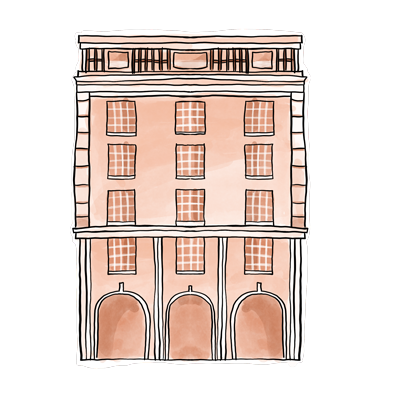 Illustration of The Colony Hotel’s pink façade and striped awnings.