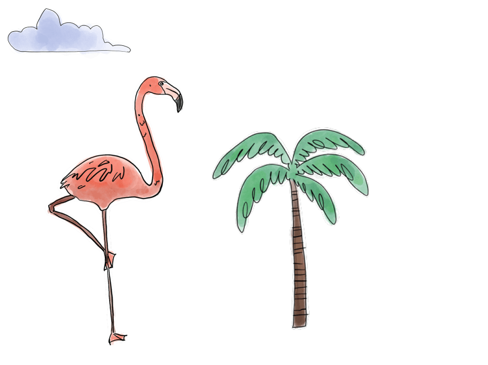 Hand-drawn flamingo standing on one leg with a palm tree and cloud.