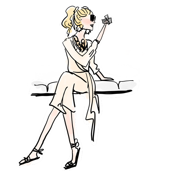 Illustration of a woman holding a camera in a chic Palm Beach outfit.