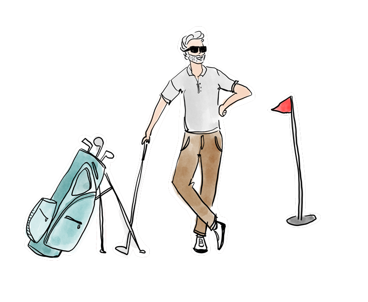 Hand-drawn golfer with clubs standing beside a golf bag.