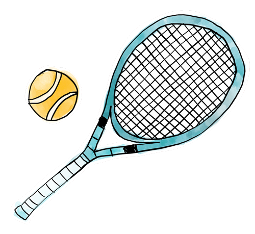 Illustration of two crossed tennis racquets with a tennis ball.