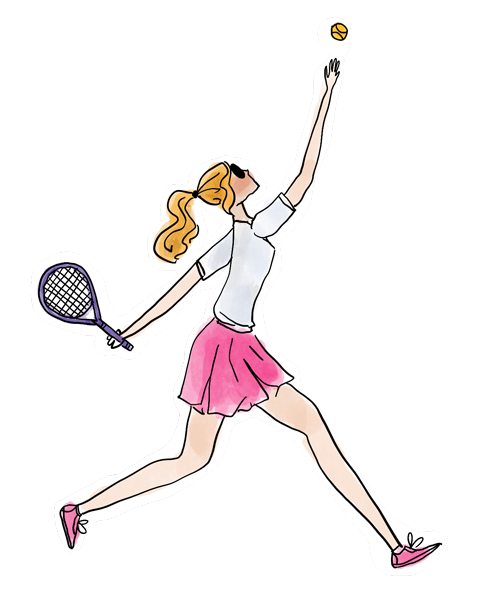 Hand-drawn illustration of a woman serving a tennis ball in a pink tennis outfit.