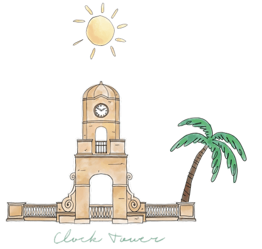 Illustration of the iconic Palm Beach Clock Tower in warm, neutral tones.