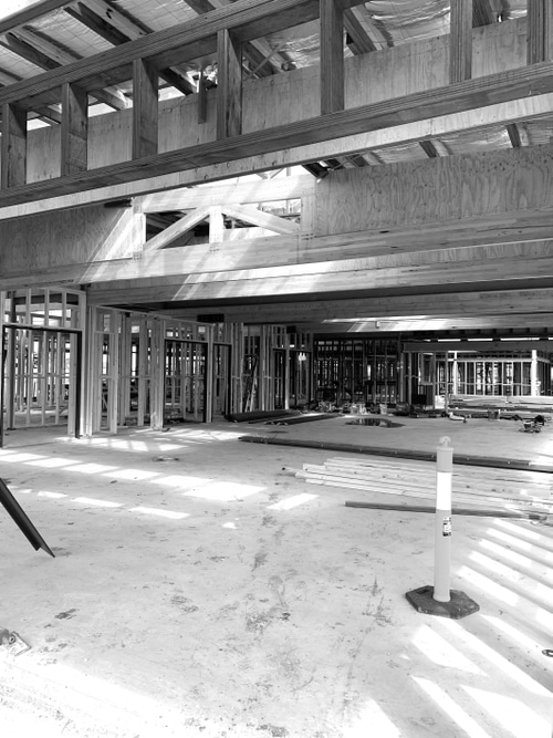 Construction progress, truss array and exposed engineered timber bottom chord 2020