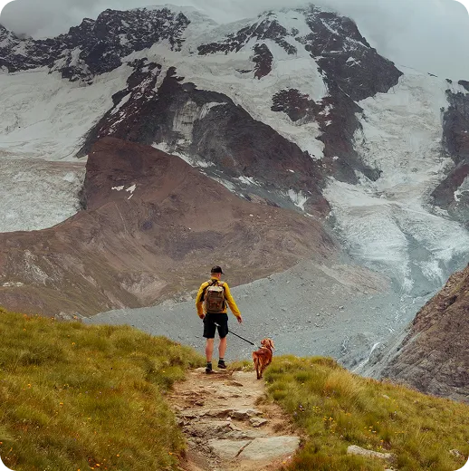 An Instagram post of a man walking his dog in the mountains
