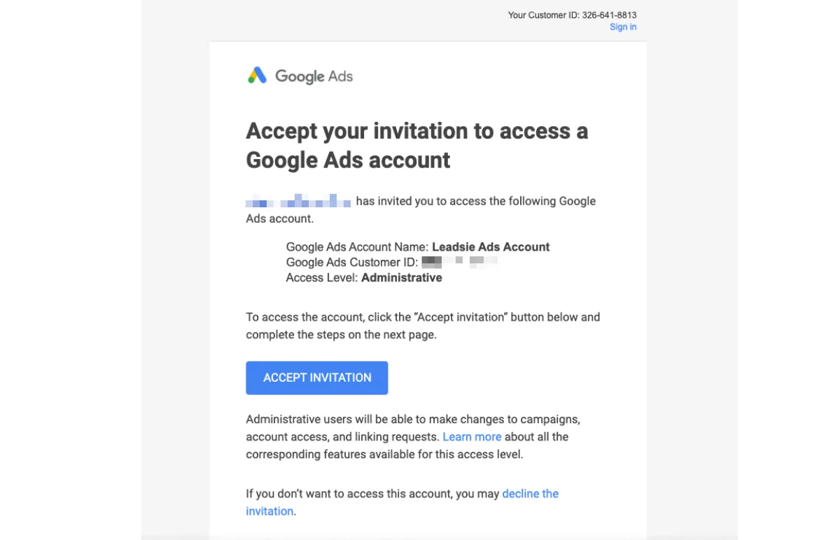 Google Ad account invitation 