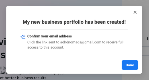 Your new Meta Business Portfolio has been created. Check your inbox for the confirmation email.