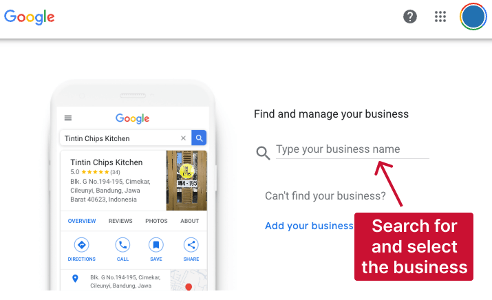 Search for a Google business profile to manage