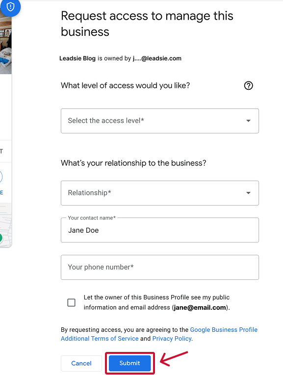 Google Business Profile request access form