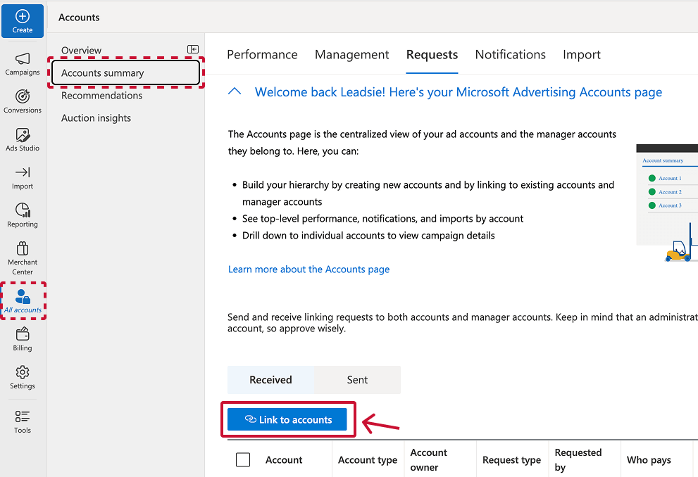Link to a Microsoft Ads account (request access)