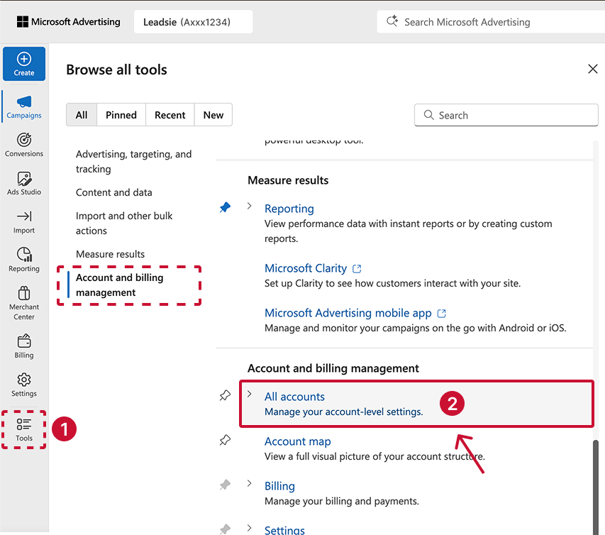 All accounts under account and billing management (Microsoft Ads)