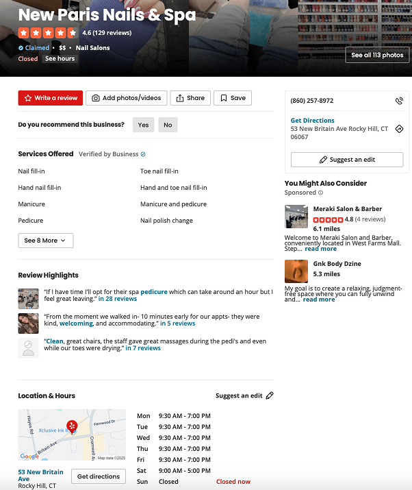 Example of a Yelp business profile