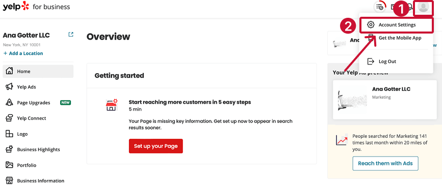 Go to Yelp account settings