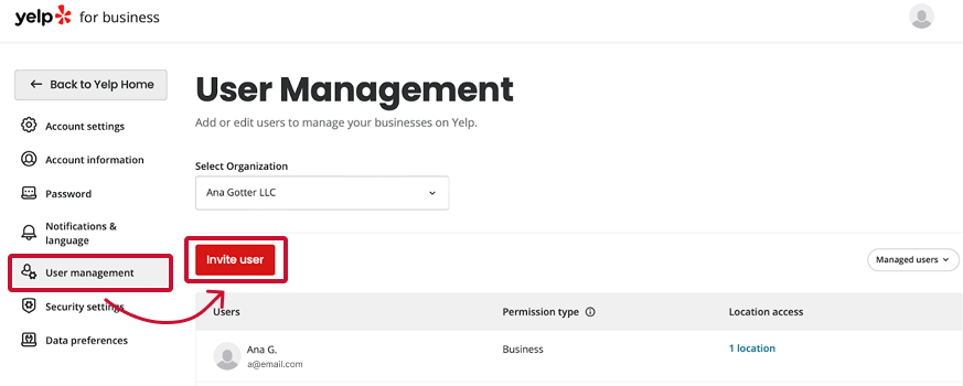 Yelp user management dashboard - invite a new user