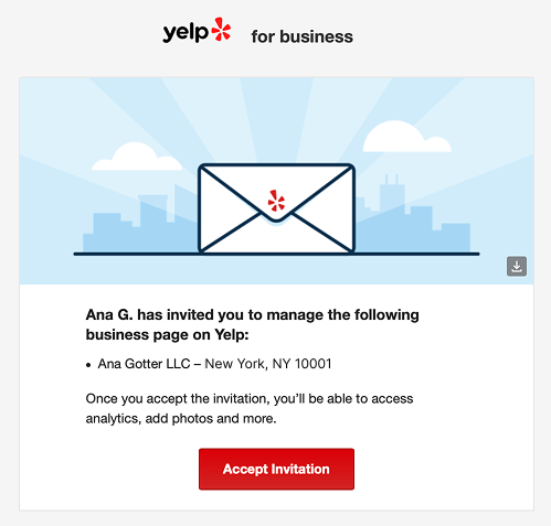 Yelp new user access invitation email 
