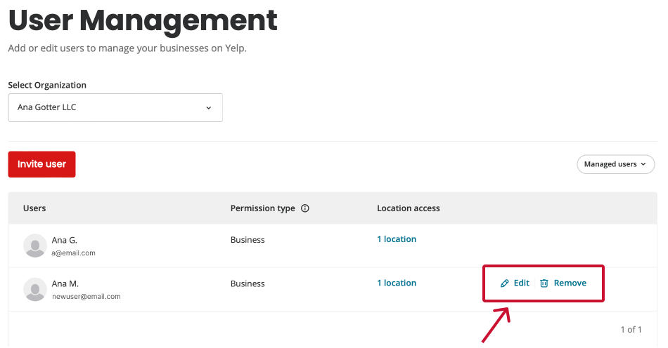 Removing or editing a user's access from a Yelp business account