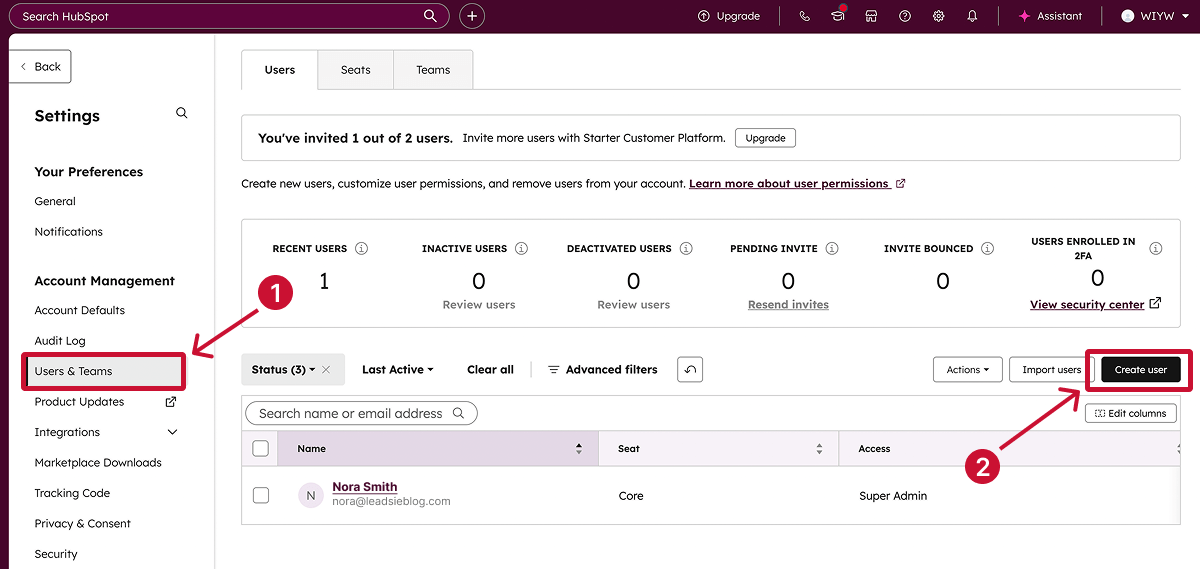 Click create user in your settings
