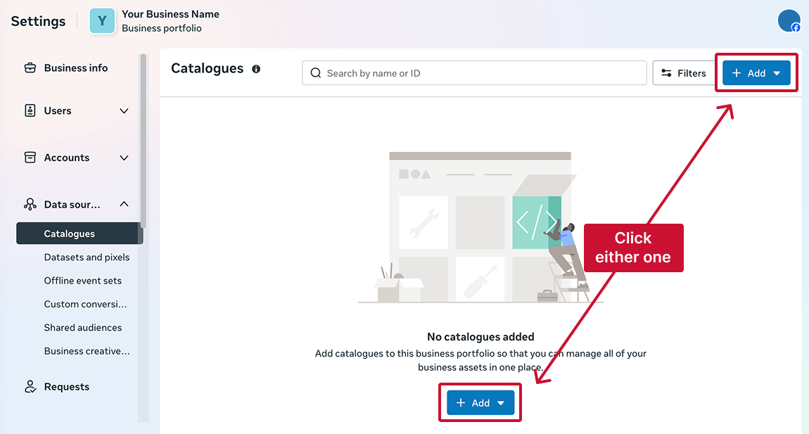 Request access to Meta Catalogues-Click Add