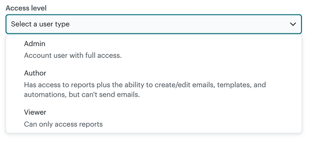 Select access level for new user in MailChimp