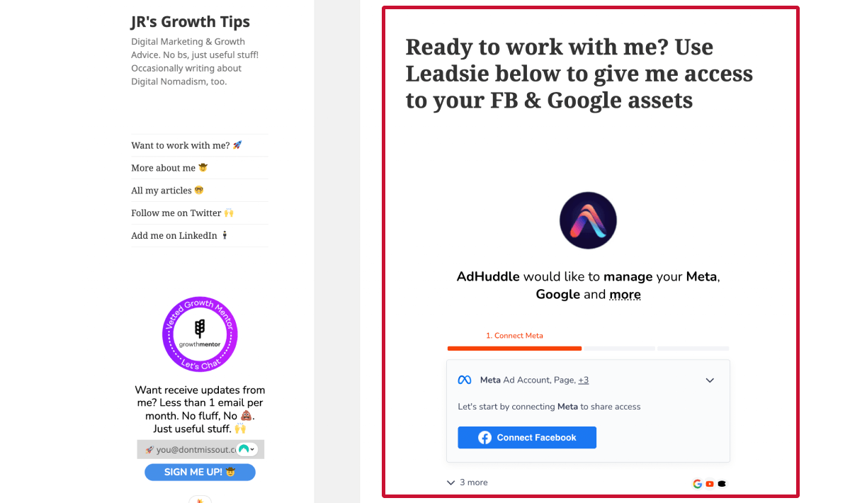 Leadsie link embedded on a website