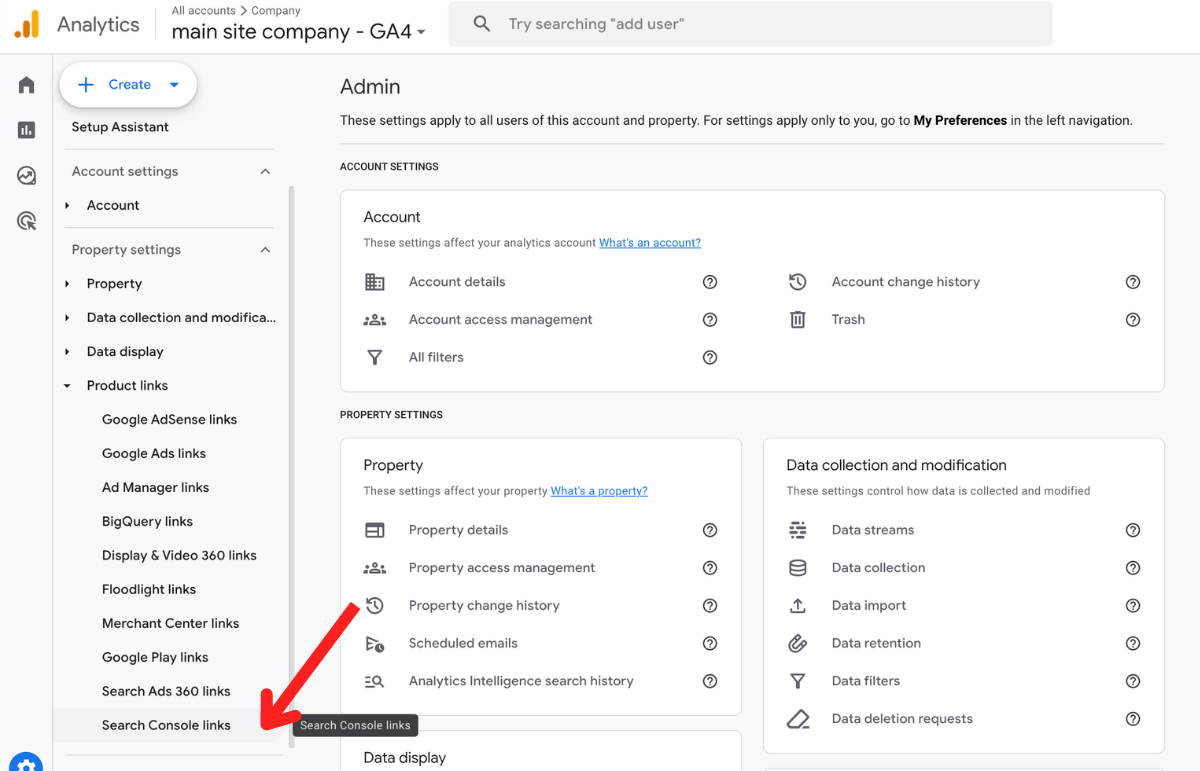 Search Console links in Google Analytics