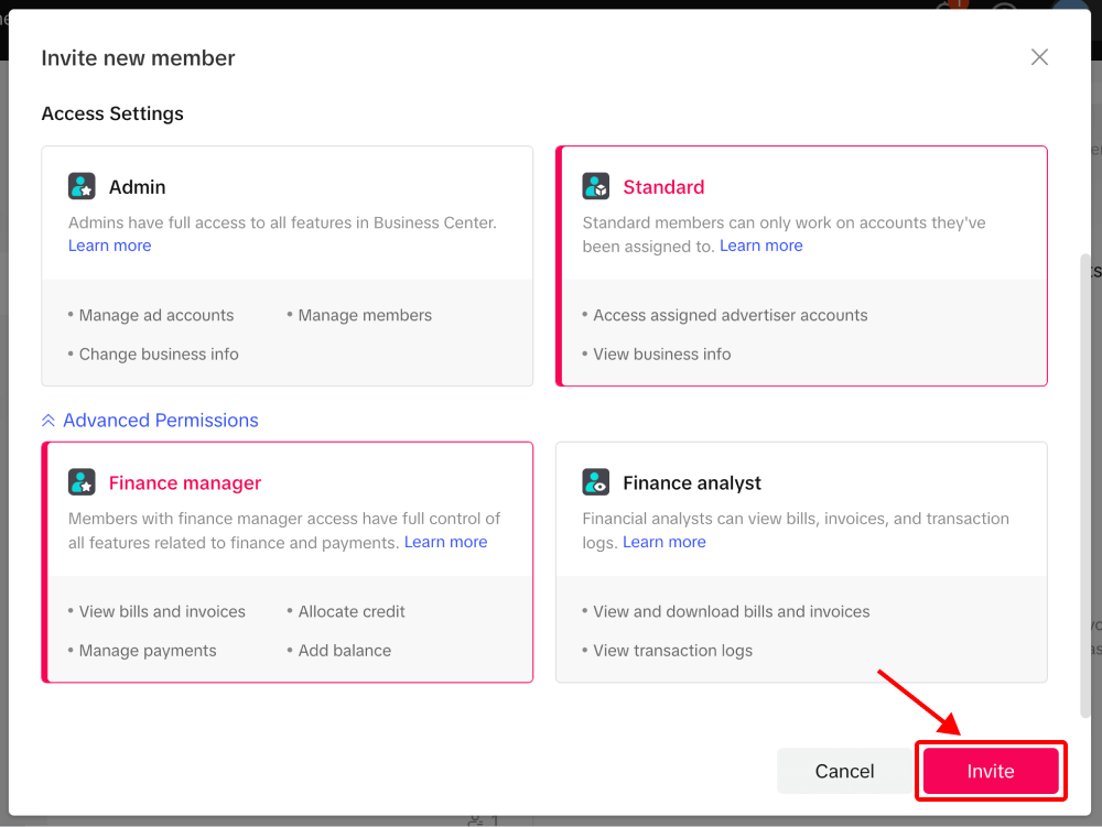 Assign advanced permissions in TikTok Business Center