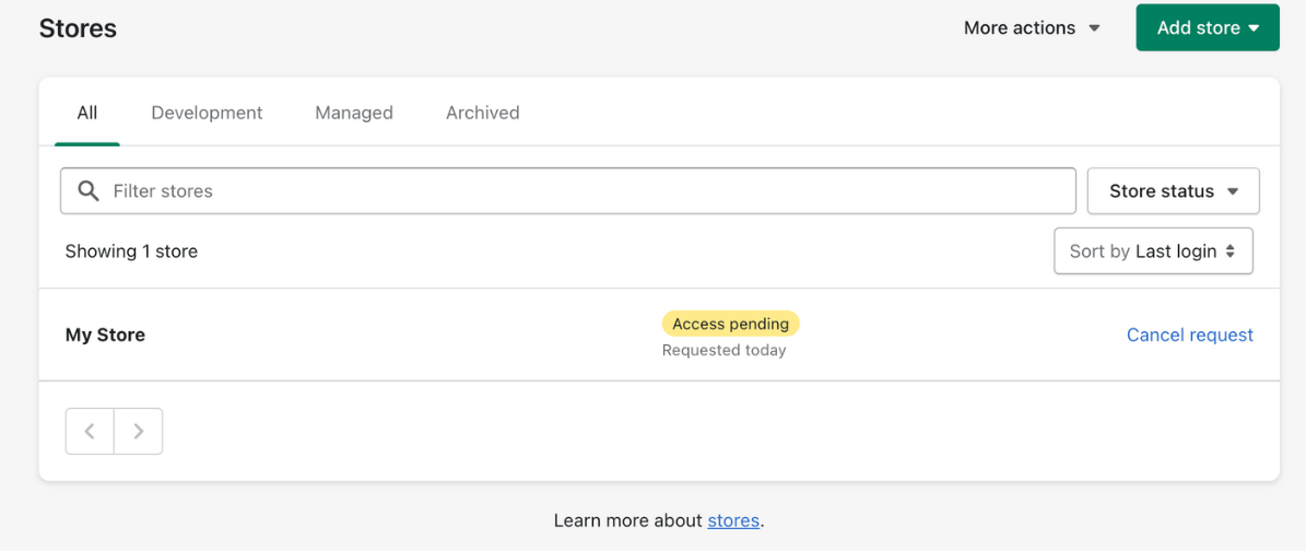Stores in Shopify Partner Dashboard