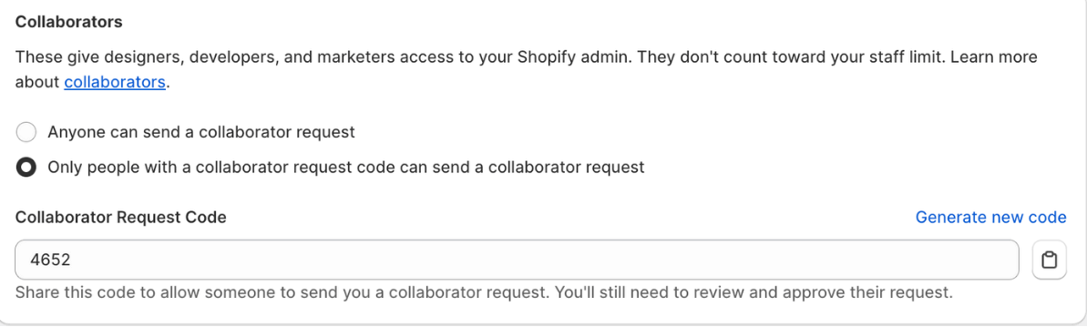 Shopify collaborator request code
