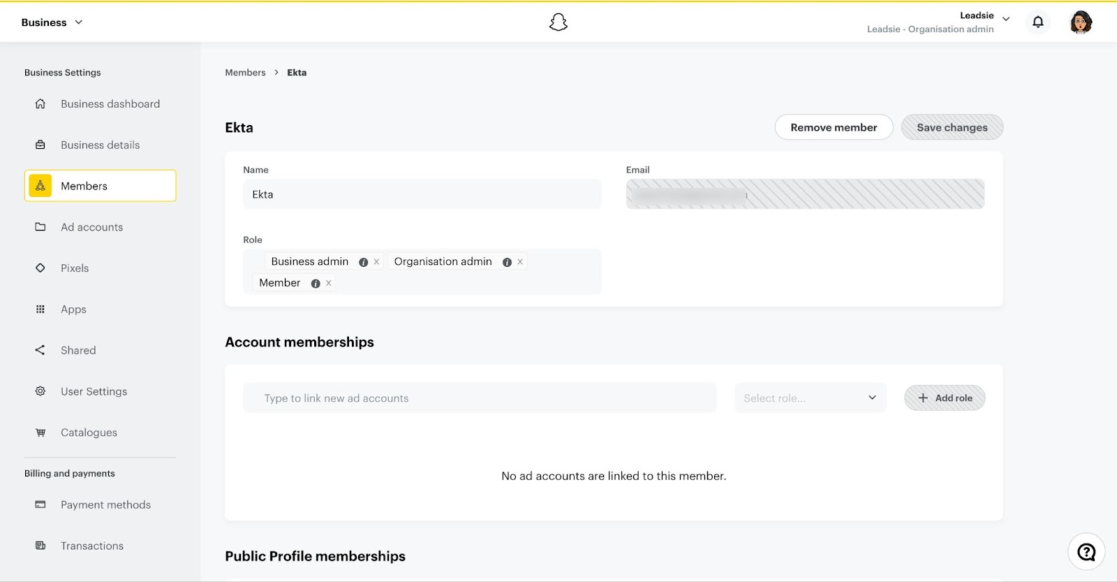assign members to Snapchat business