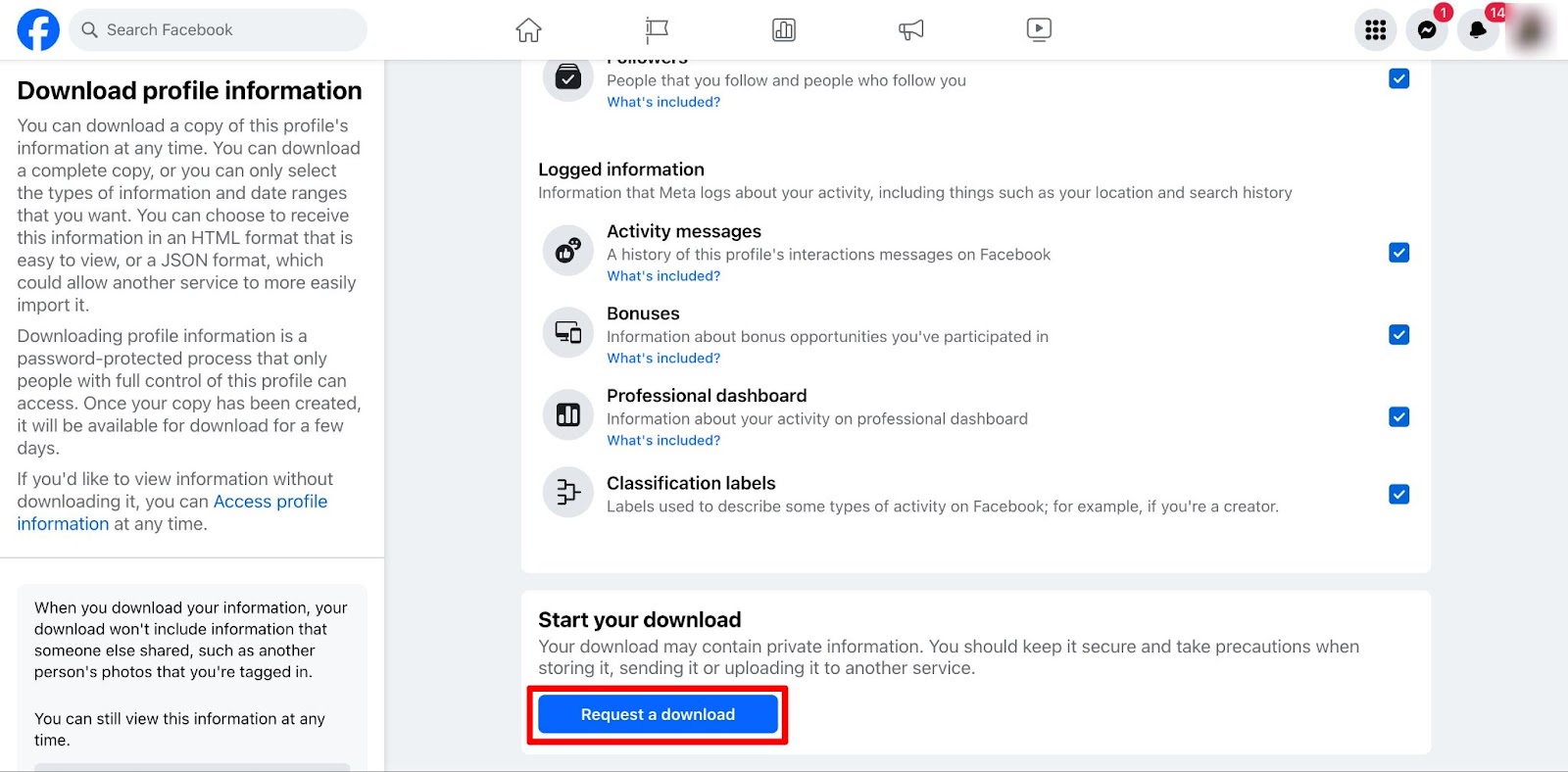 Facebook settings info