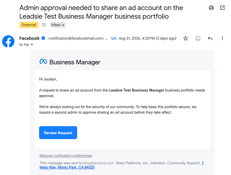 mail for request to share access to a Facebook Ad account