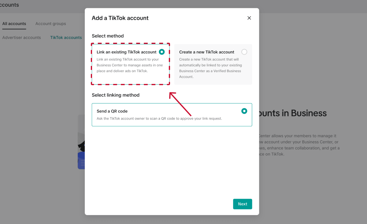 Request access to a tiktok Spark ad account - choose link an existing tiktok account and send QR codeA