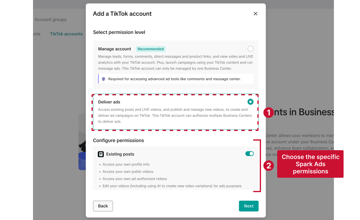 Request access to a Tiktok Spark ad account - select permission level