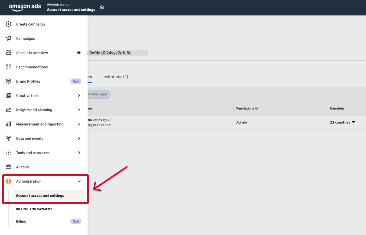 Account access and settings in Amazon ads account