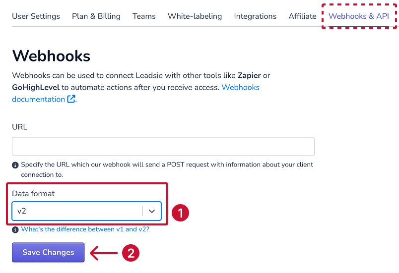 How to change Leadsie Webhooks & API data format to v2