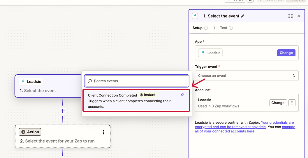 Select trigger event for Leadsie in Zapier.