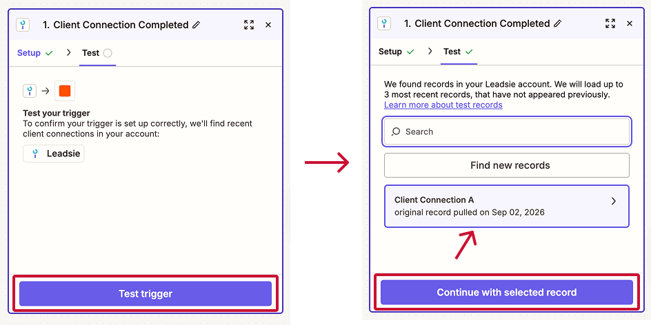 Test Leadsie trigger event for when client connection is completed in Zapier