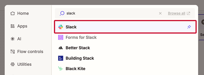 Find Slack as an event in a Zap workflow with Leadsie as the trigger.