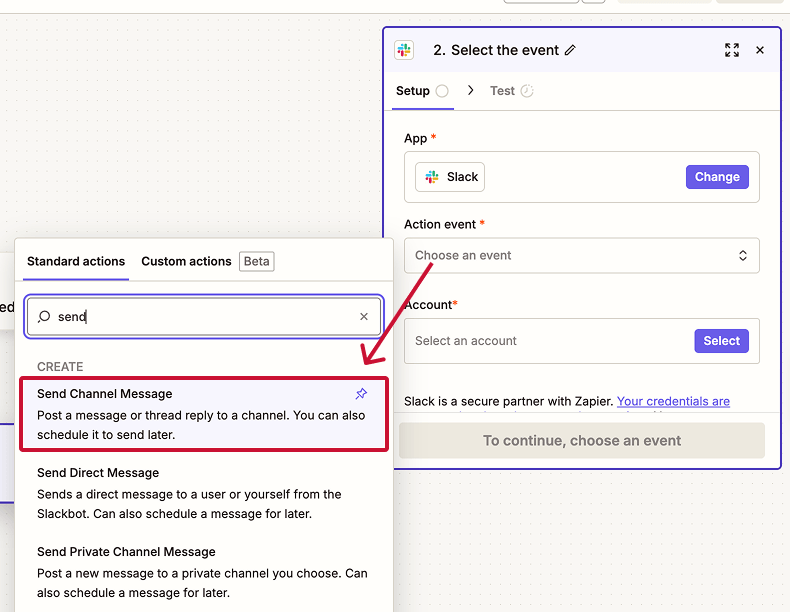 Select the event for the Leadsie and Slack zap as Send channel message