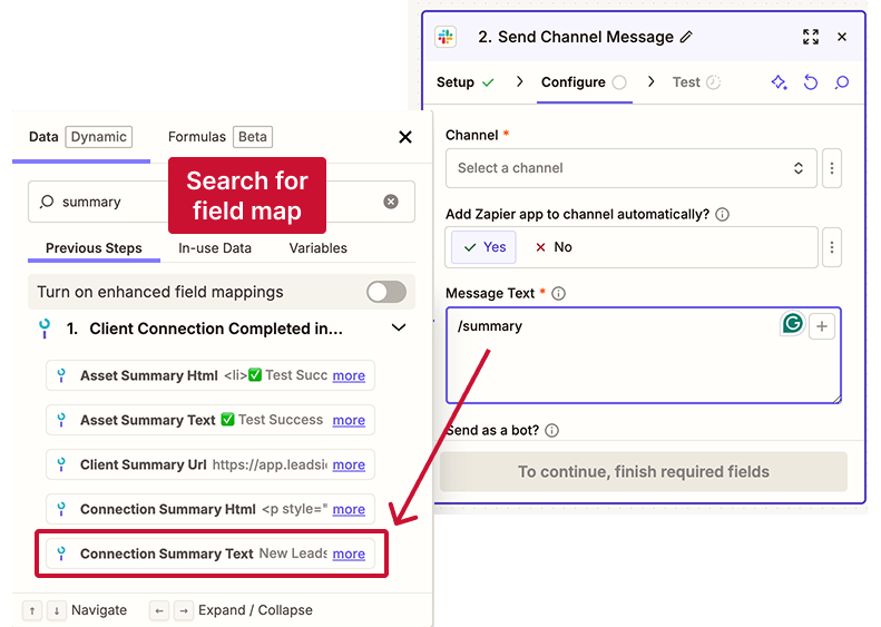 Find Connection summary text field mapping to include in message text (Leadsie and Slack