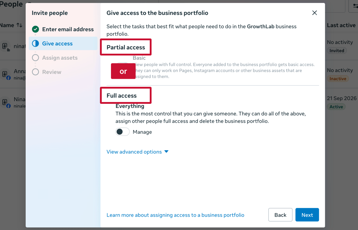 Add peopleâAssign access level in Meta business portfolio