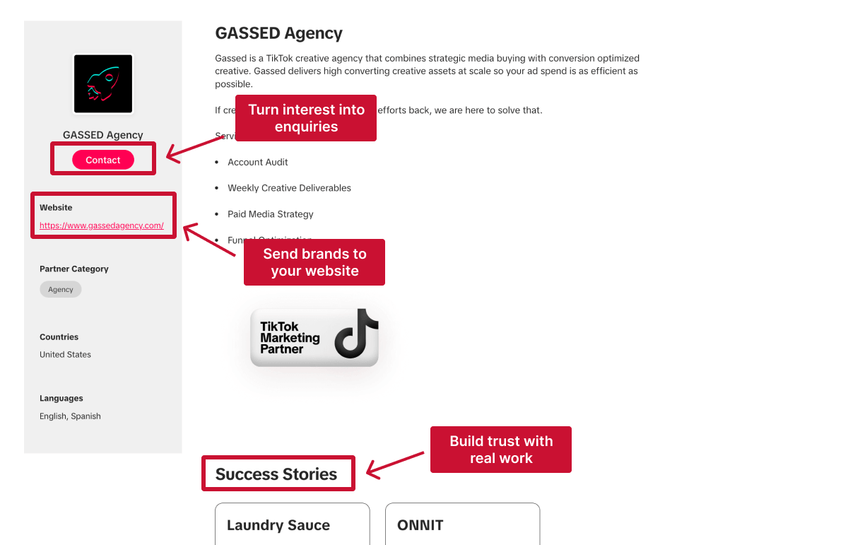 Example of how a TikTok Partner Directory makes an agency more discoverable