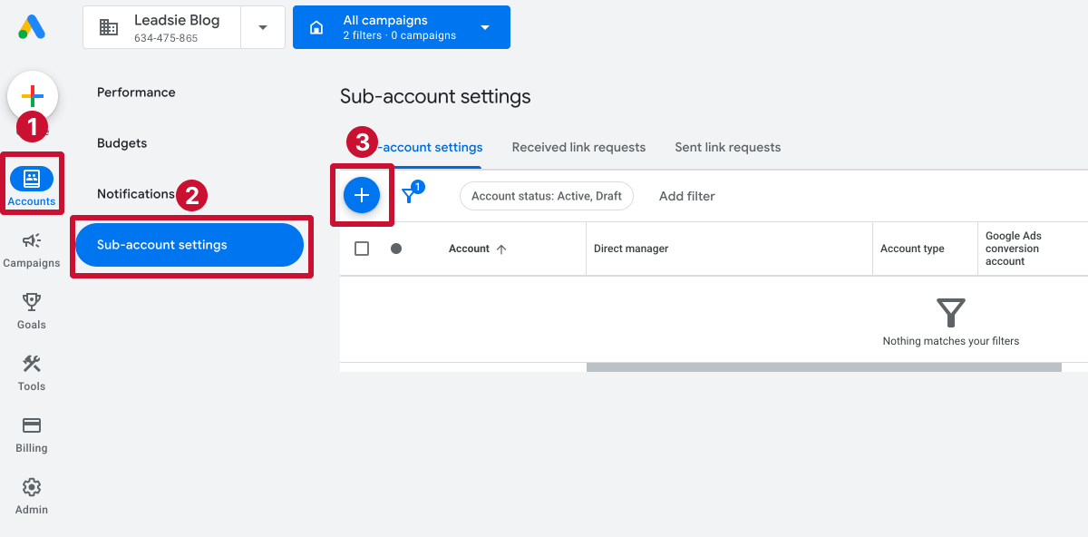 Link a Google Ads account to an MCC – Head to sub-account settings in Google Ads