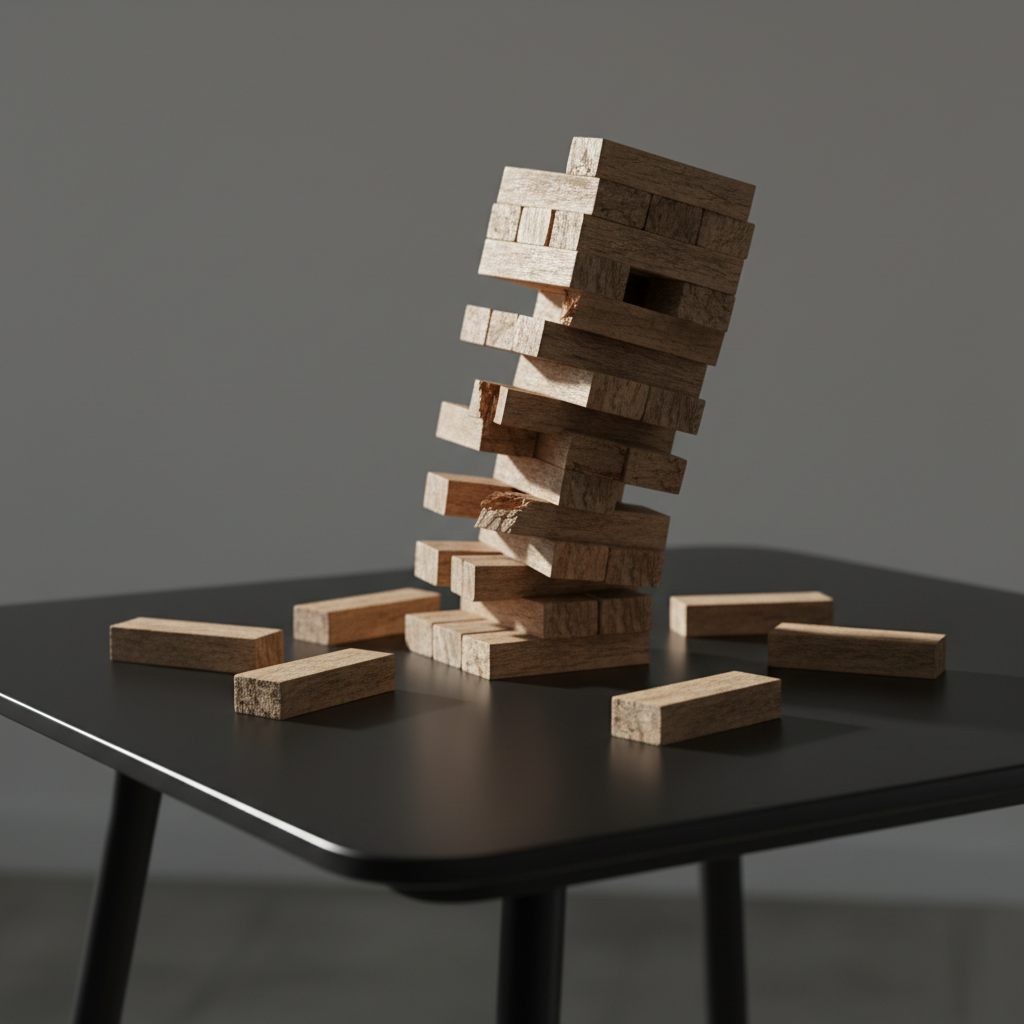 A precariously balanced Jenga tower with several blocks already fallen, illustrating instability.