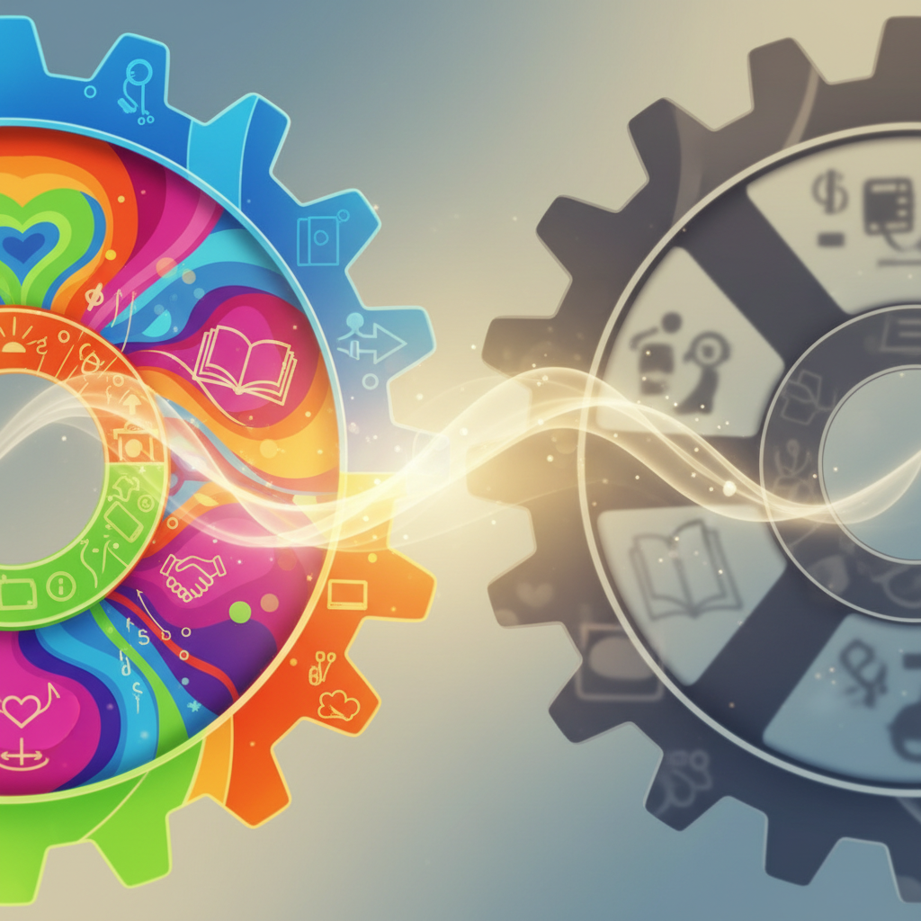 A conceptual, editorial illustration of two distinct gears, one vibrant and well-defined, the other muted and slightly out of focus, subtly interlocking. The connection between them symbolizes aligned values and mutual understanding. Soft, diffused light.