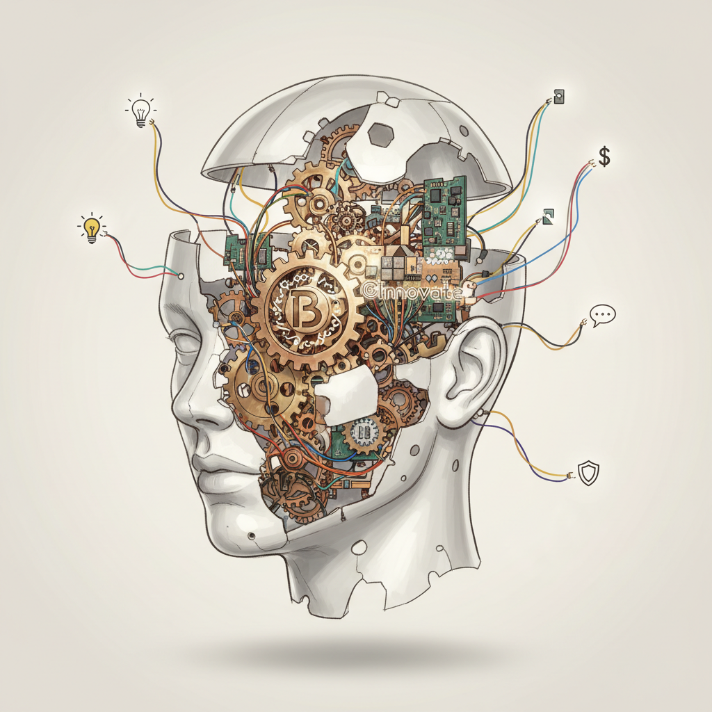 A disassembled mannequin head, with different components like gears, wires, and interconnected circuits visible inside, symbolizing a brand's elements being separated from a single personality. The background is clean and minimalist, with soft, diffused lighting. Editorial illustration.
