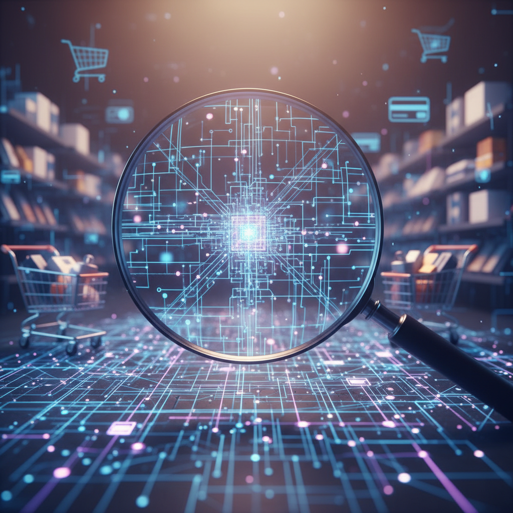 A conceptual photo of a magnifying glass hovering over a complex, intertwining network of digital lines and nodes, representing AI's influence on eCommerce. The background is a subtle, blurred image of online shopping carts and product displays. Soft, inviting lighting, focus on the intricate network.