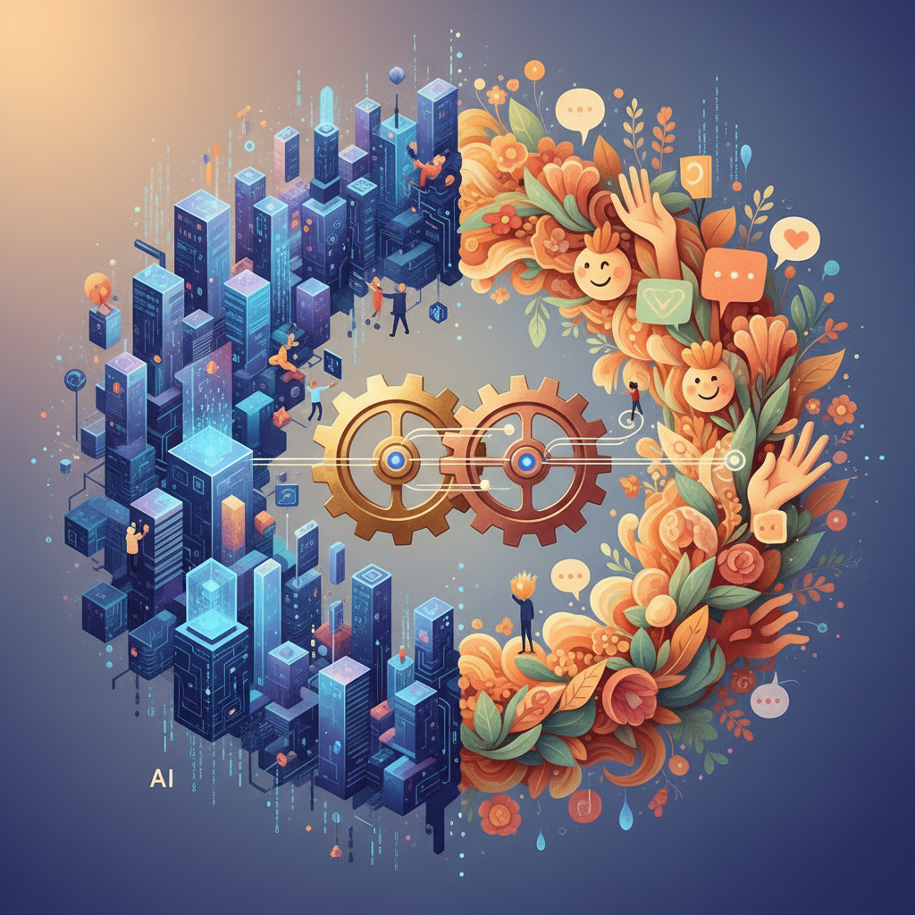 Editorial illustration of a bridge or intertwining gears connecting a structured, data-driven side (representing AI) with a more organic, human-centric side (representing customer experience or brand storytelling). The connection is harmonious and balanced, suggesting synergy. Use warm, inviting lighting and a stable composition.
