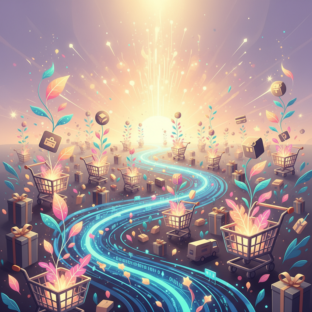 Editorial illustration depicting a flowing digital current (representing AI-driven commerce) invigorating a landscape of traditional online shopping carts and product icons, causing them to glow and flourish. Emphasize growth and revitalization with bright, energetic colors and a sense of upward movement. Focus on abstract digital elements rather than specific products. Soft, optimistic lighting.